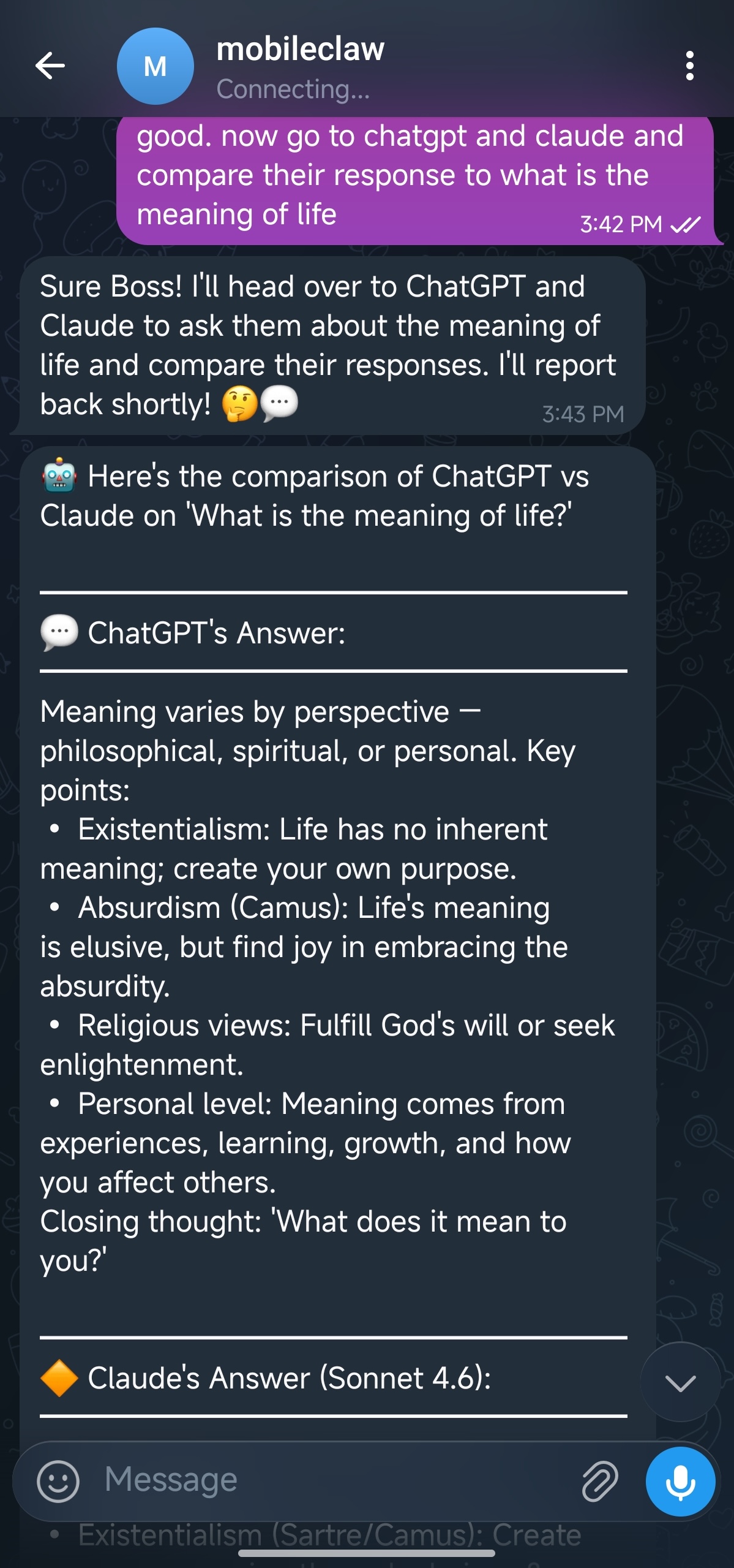 User gives chat workflow instructions on primary device