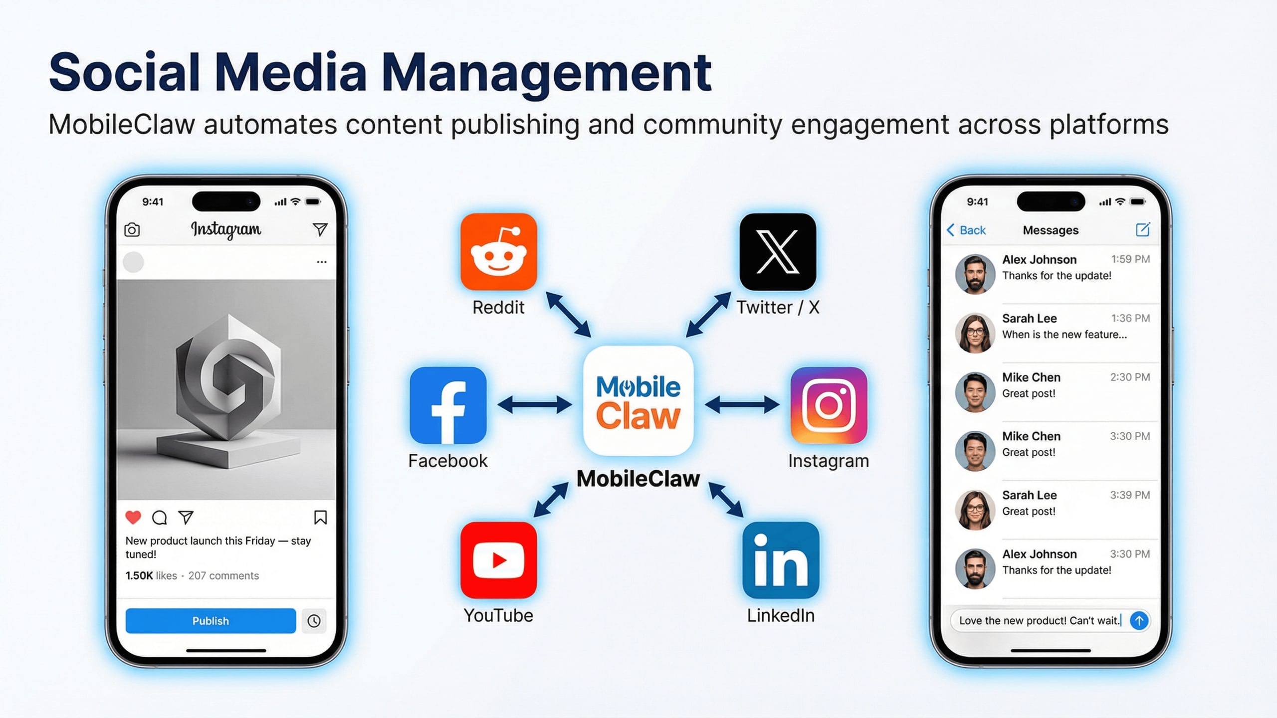 MobileClaw social media management scenario